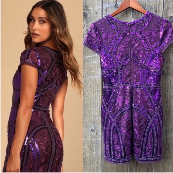 Plum Purple Art Deco Sequins Bodycon Dress 🌿 - Picture 3 of 11